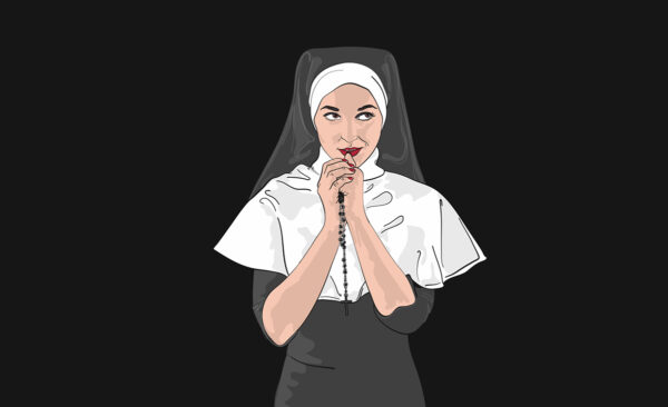 Illustration of a woman in a nun's habit, holding rosary beads to her lips, with a knowing look.
