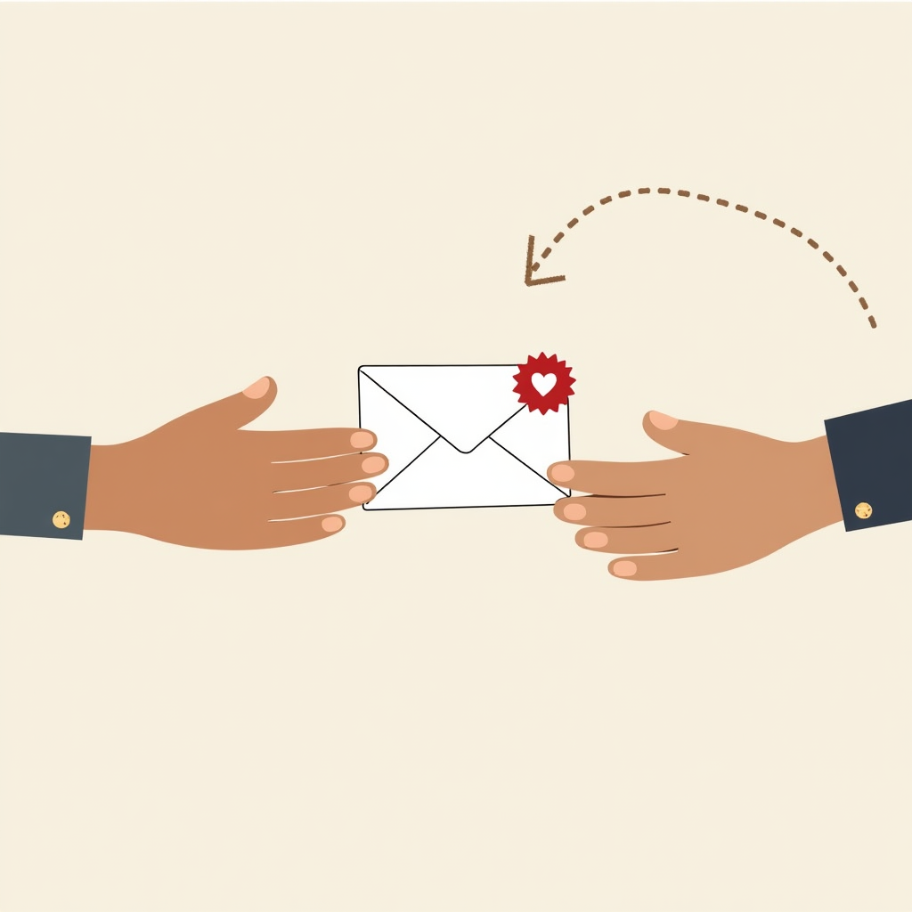 Two hands exchange a white envelope with a red heart seal; a dashed arrow curves toward the receiving hand on a warm cream background.
