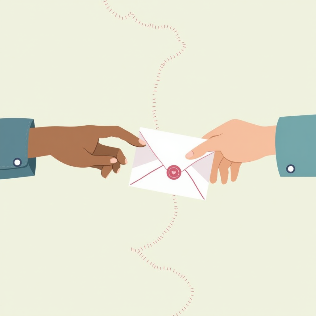 Two hands passing a white envelope sealed with a pink heart; a dotted path snakes between them on a pale green background.