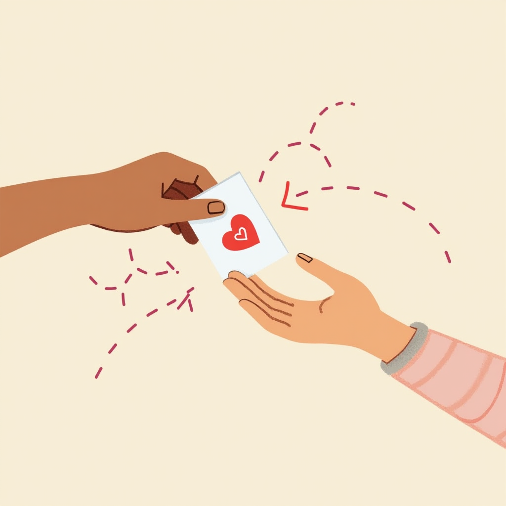 Two hands exchange a small card with a red heart; dashed arrows show the motion on a warm cream background.