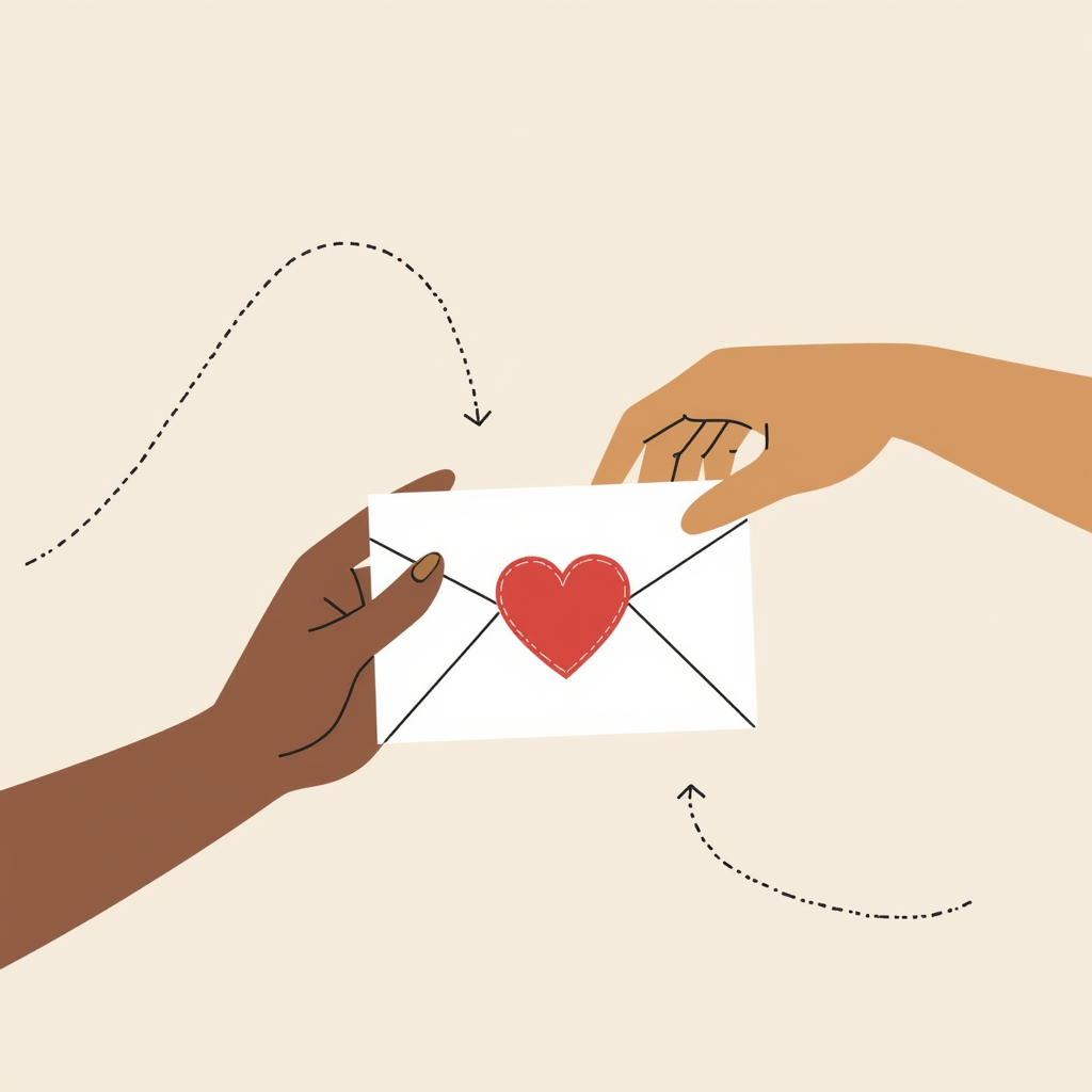 Two hands pass a white envelope with a red heart seal; dotted arrows show the motion on a warm beige background.