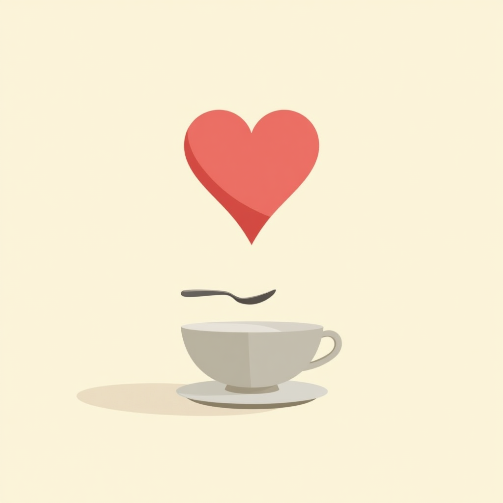Simple illustration of a red heart hovering above a white teacup and saucer with a small spoon—minimal cream background.