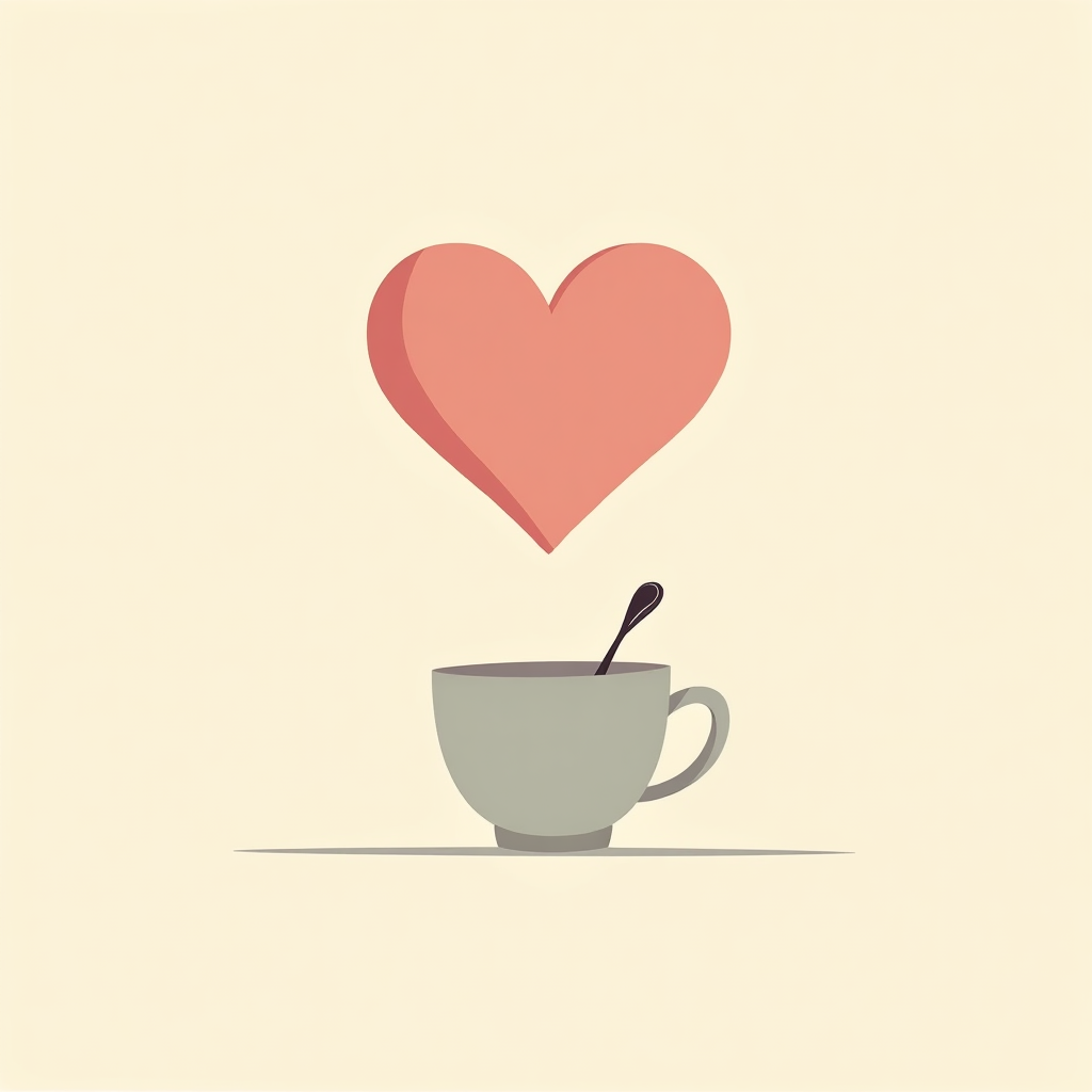 Minimal illustration of a soft red heart hovering above a grey mug with a spoon, on a warm cream background.