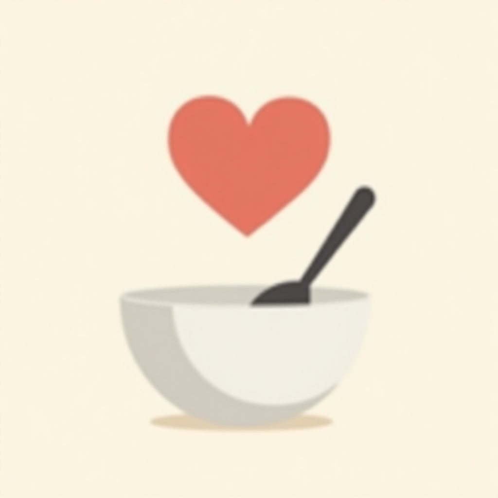 Simple red heart floating above a white bowl with a dark spoon on a warm cream background.
