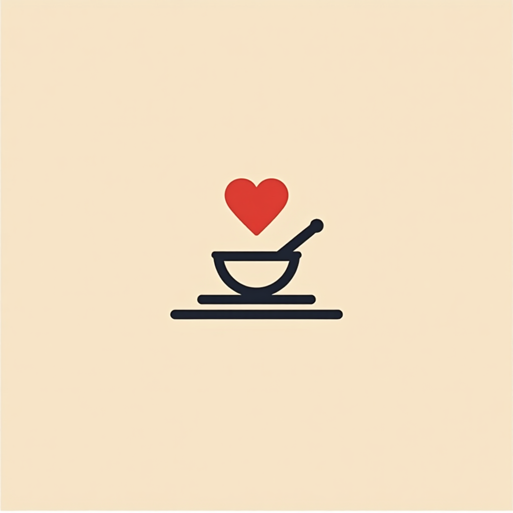 Icon of a small bowl with a spoon on a tray and a red heart floating above, centered on a warm cream background.