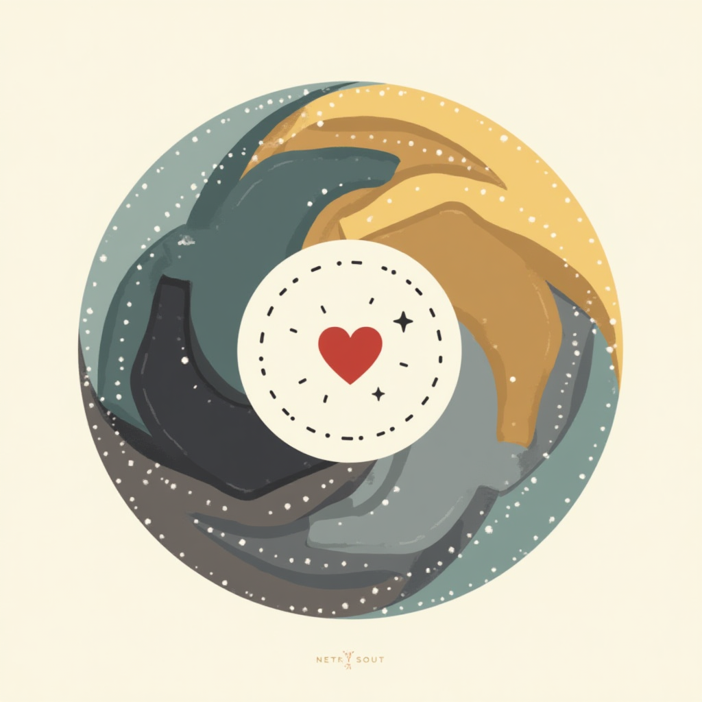 Abstract circular emblem of interlocking teal–gold–gray shapes encircling a cream disc with a red heart and tiny star marks; speckled texture on a light background.