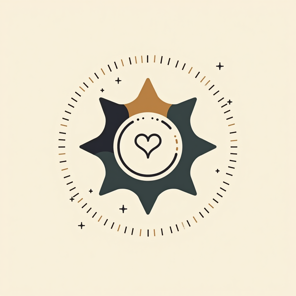 Abstract sunburst badge with teal and gold segments, a small heart in the center, and radial tick marks and star sprinkles on a warm cream background.