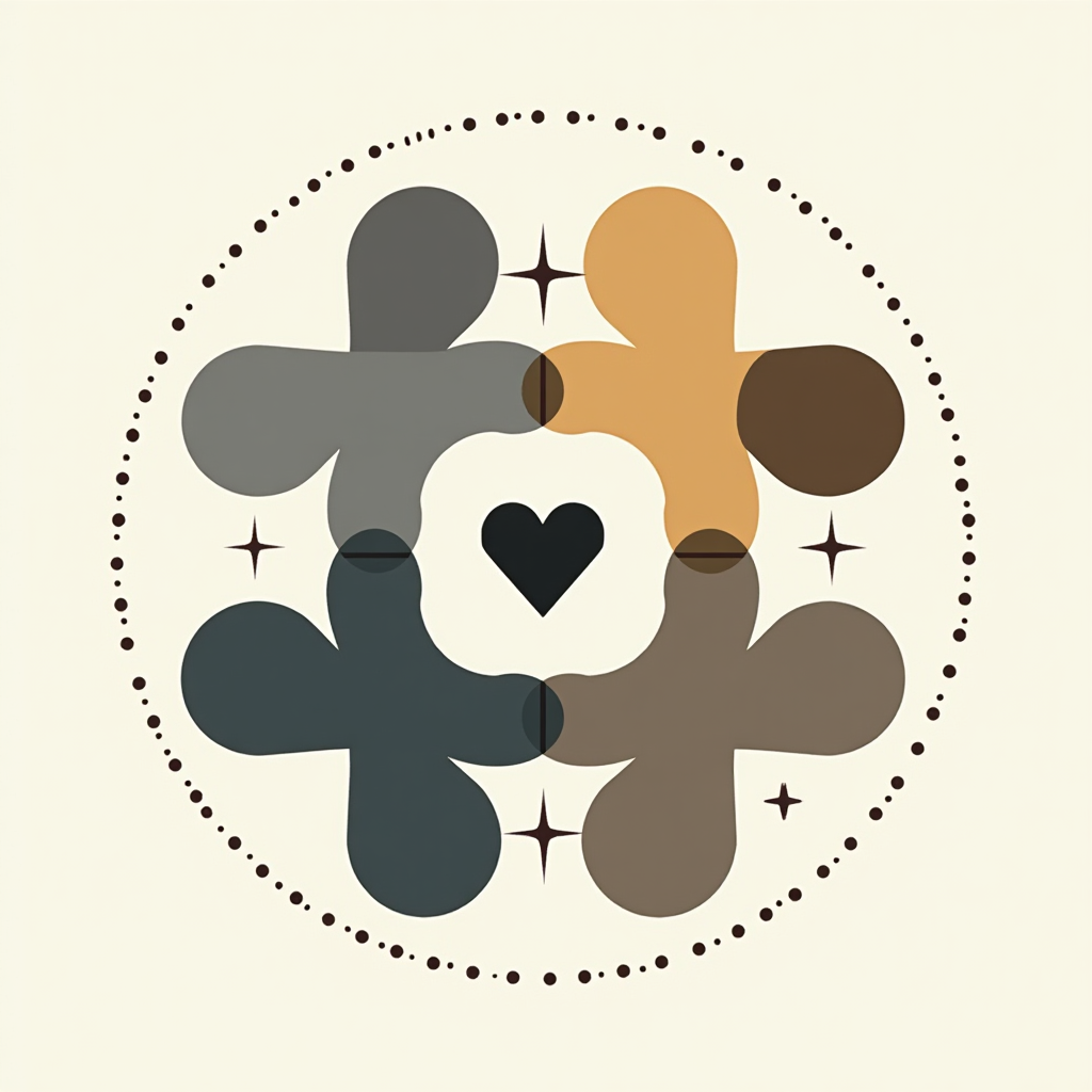 Abstract circle of four interlocking, rounded shapes in teal, gold, and browns surrounding a small heart; dotted ring and star accents on a warm cream background.