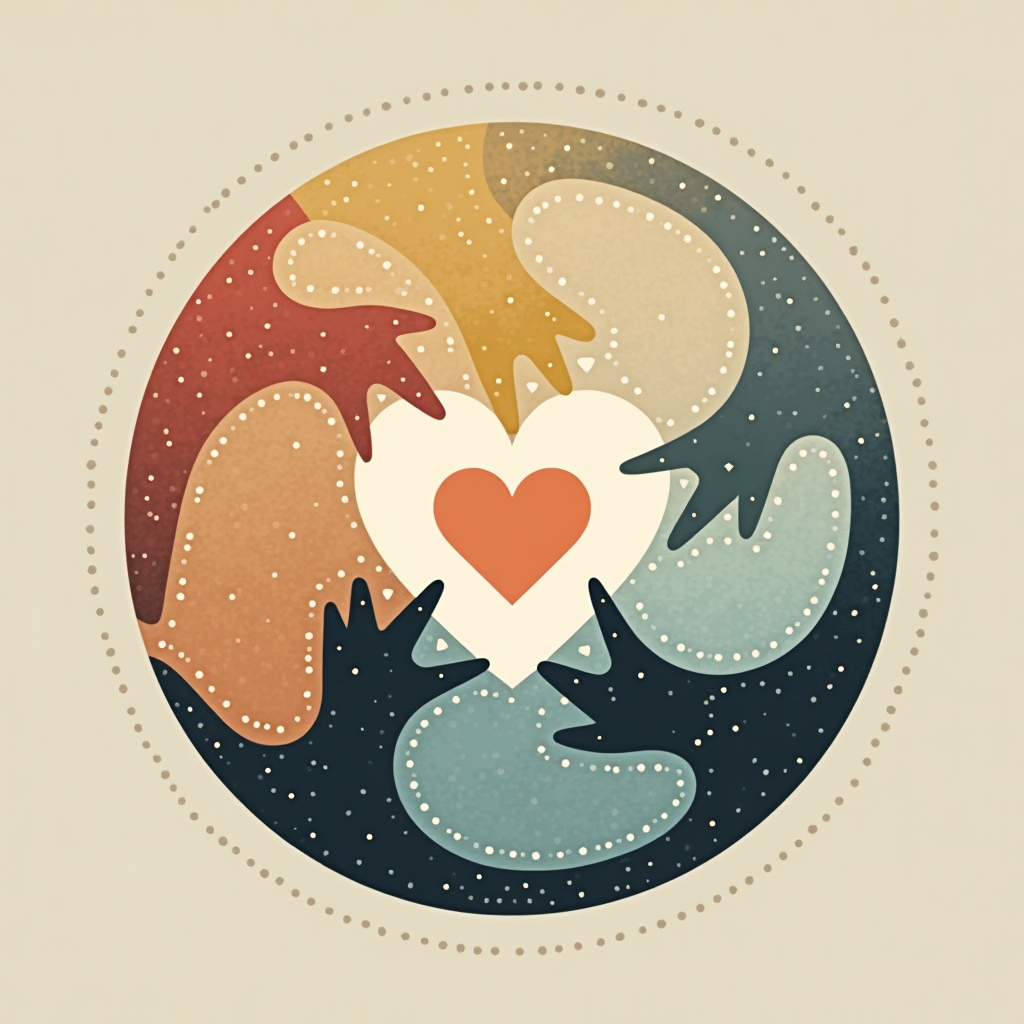 Circular emblem of multicolored hands forming a ring and reaching toward a central heart; dotted halo and speckled texture on a warm beige background.