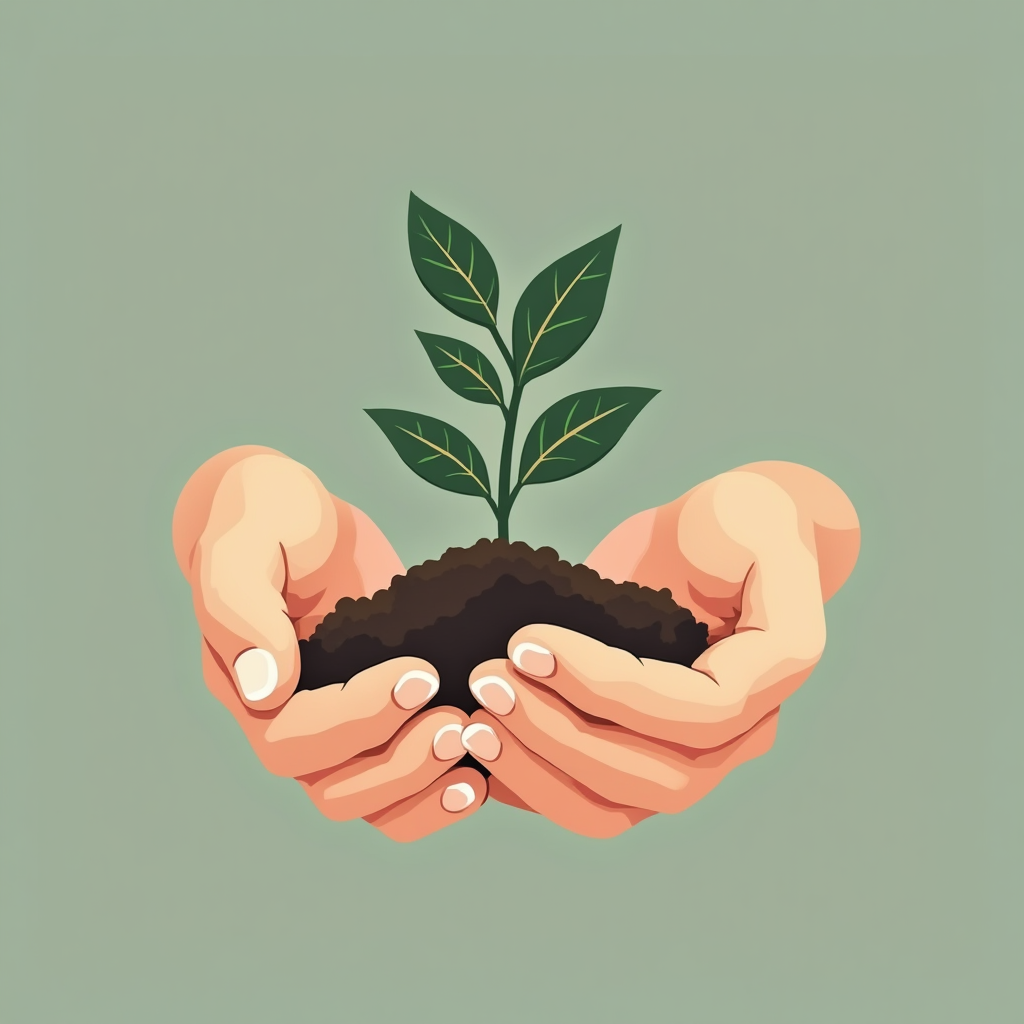 Hands cupping dark soil with a tiny green seedling; warm golden bokeh background and a subtle upward arrow icon suggesting growth.