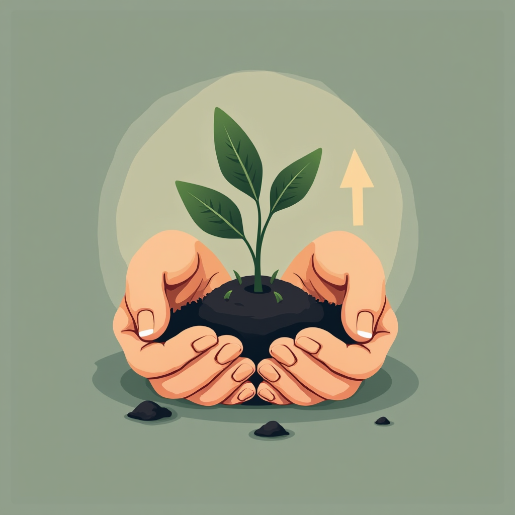 Hands cupping rich soil with a bright green seedling; golden rays and a translucent upward arrow suggest growth and momentum.
