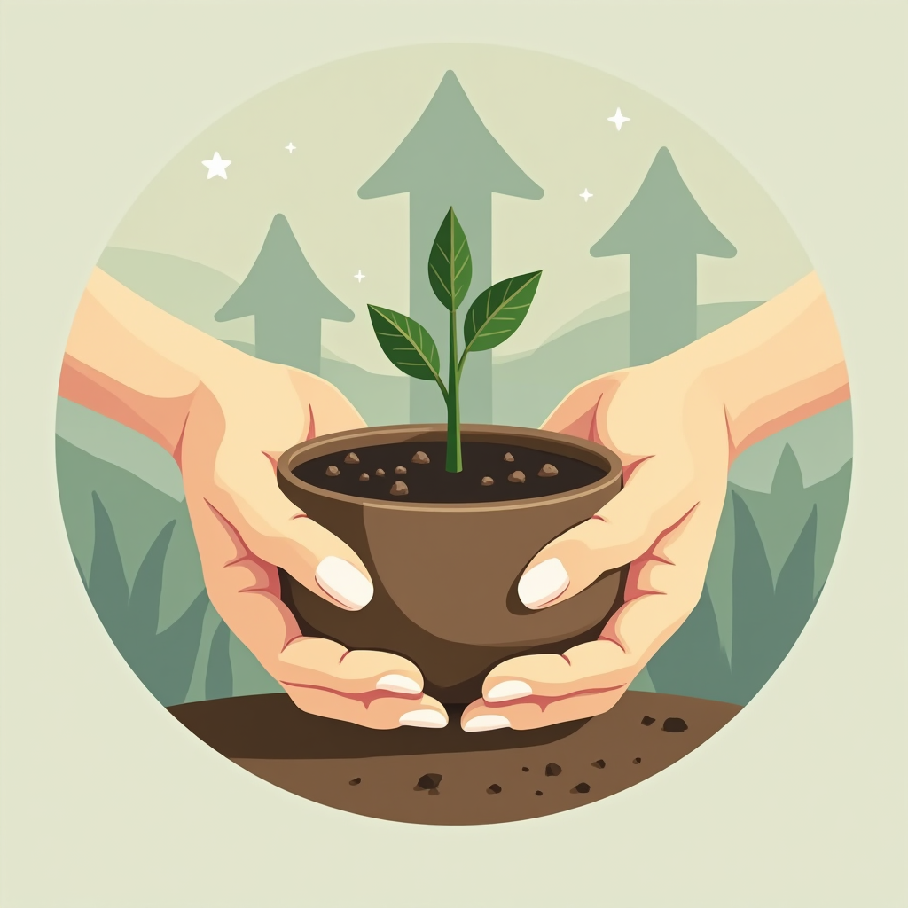 Illustrated hands cupping a mound of soil with a small green seedling; golden sun rays and an upward arrow behind it; tiny “$/10 — 3 seedlings” note in the corner.