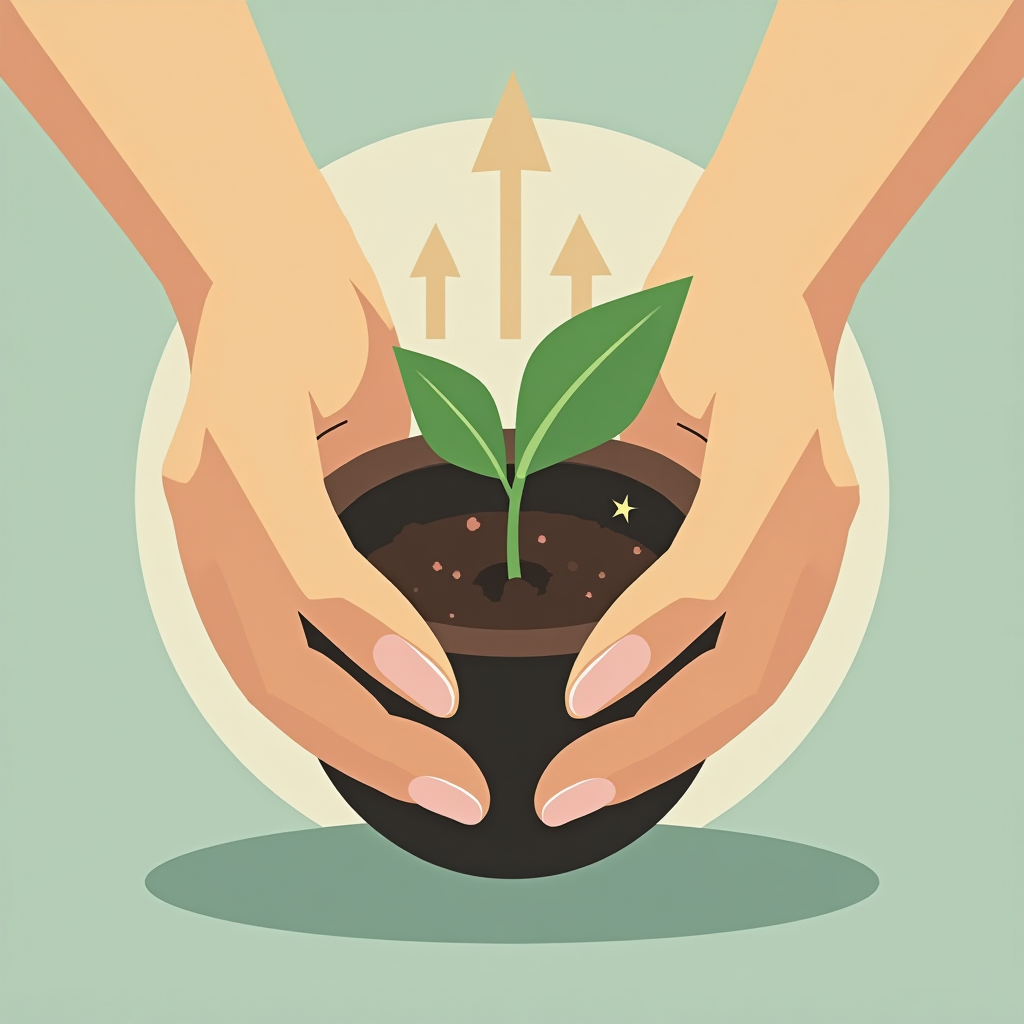 Hands gently cup a mound of soil with a tiny green seedling; soft bokeh background and an upward arrow formed by earthy particles suggest growth.