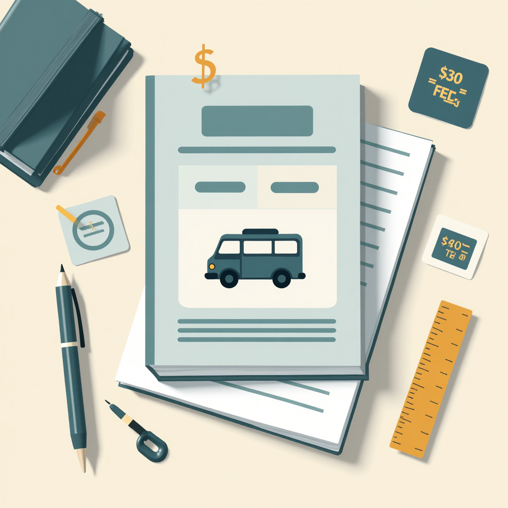 Flat-lay of school paperwork with a page showing a small bus icon; scattered around are a pen, ruler, zipper pouch, key tag, and stickers noting fees ($30, $40).