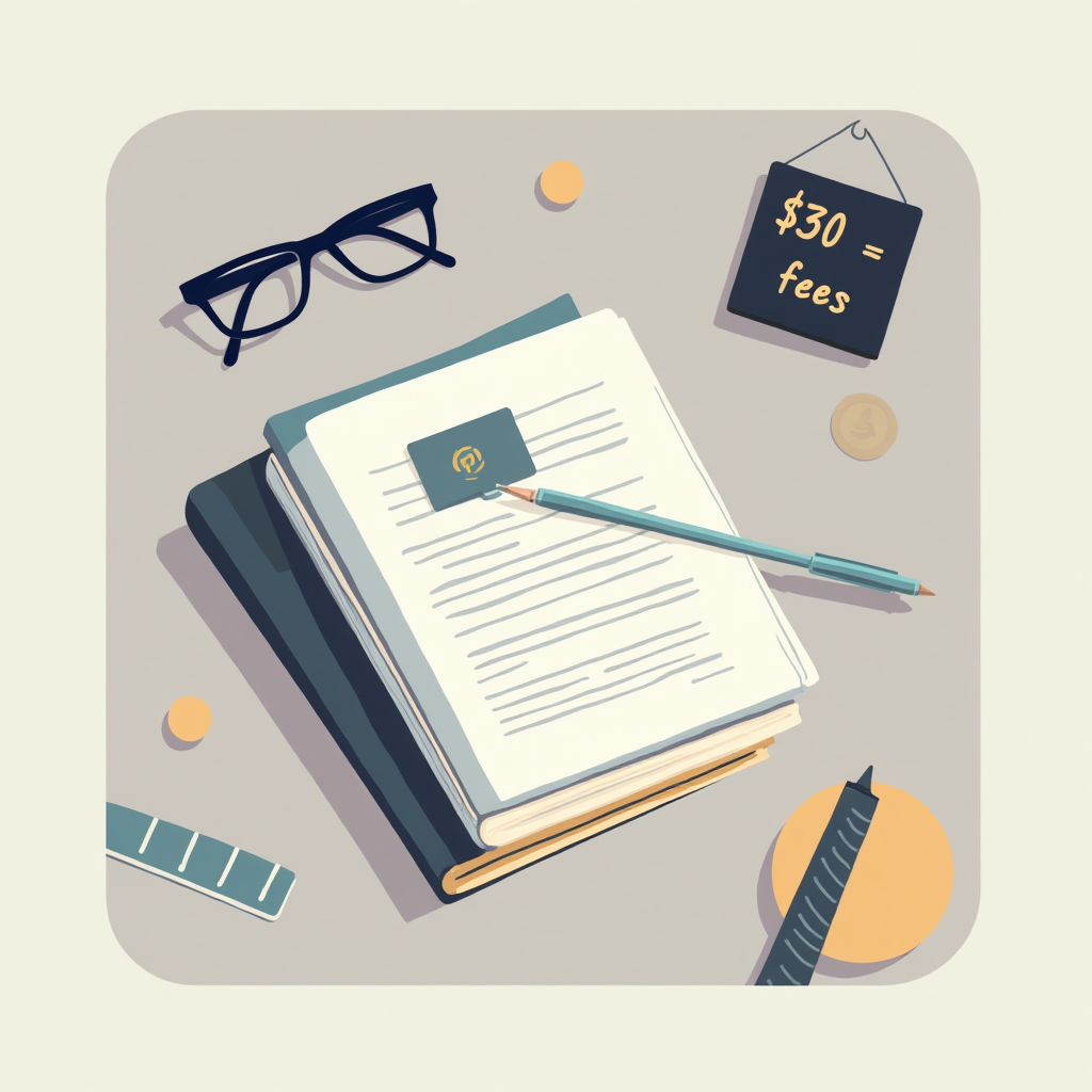 Flat-lay of school paperwork on stacked notebooks with a pencil, glasses, coins, color strip, and a small hanging sign reading “$30 = fees.”