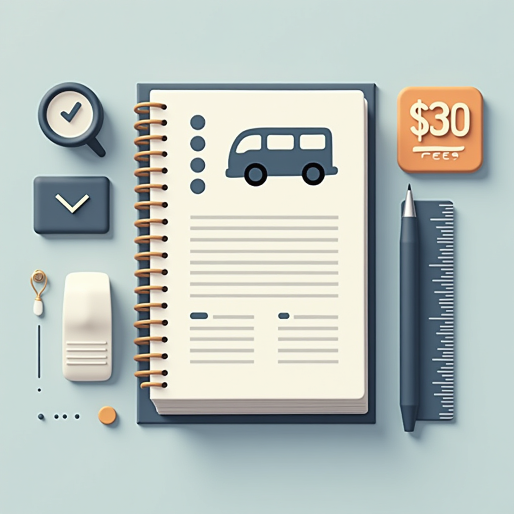 Flat-lay of a spiral notebook showing a small bus icon, surrounded by a pen with ruler edge, a “$30 fees” badge, checkmark magnifier, envelope icon, and school supplies on a soft blue background.