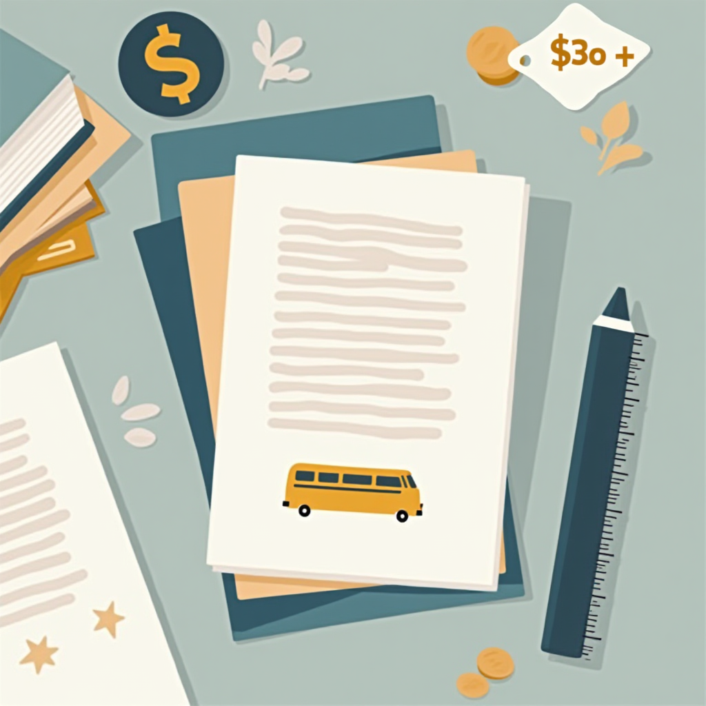 Flat-lay of school forms with a yellow bus icon, stacked notebooks, ruler-pencil, coins, and a price tag reading “$30+” on a soft teal background.