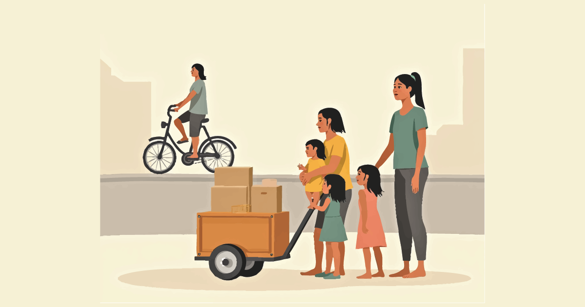Family support scene: a woman pushes a small wooden handcart stacked with boxes while another adult stands with three children; a cyclist rides past on a raised road; warm beige city backdrop.