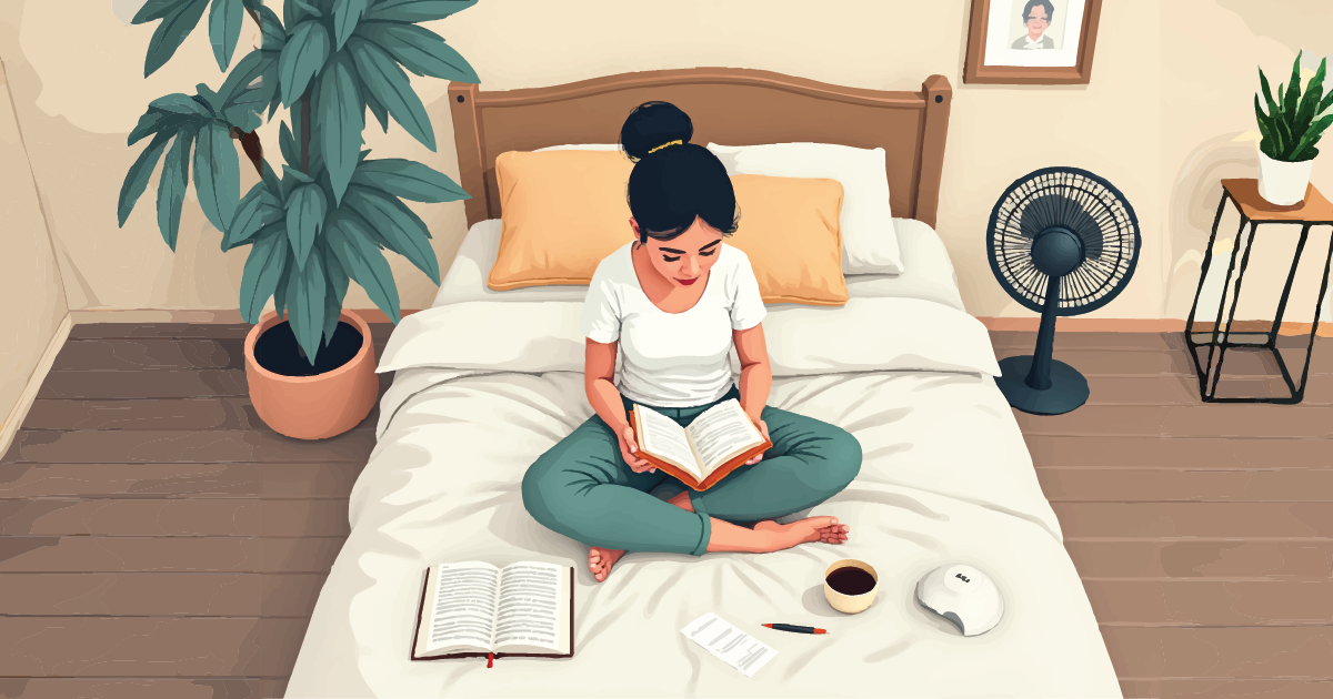 Young woman sits cross-legged on a bed reading a book; another open book, notes, pen, and a cup nearby; houseplant, small fan, and bedside table in a modest room—quiet study scene.