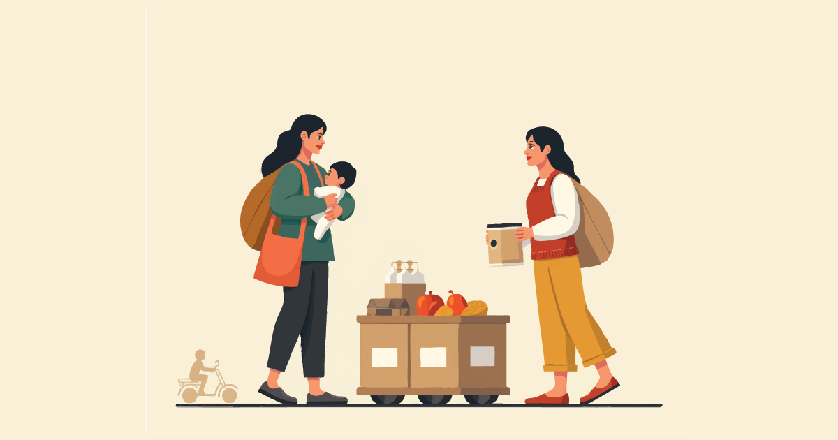 Two women meet at a small rolling market stand; one holds a baby, the other carries a drink. Fruits, bread, and soap on the cart; warm beige background—community support scene.