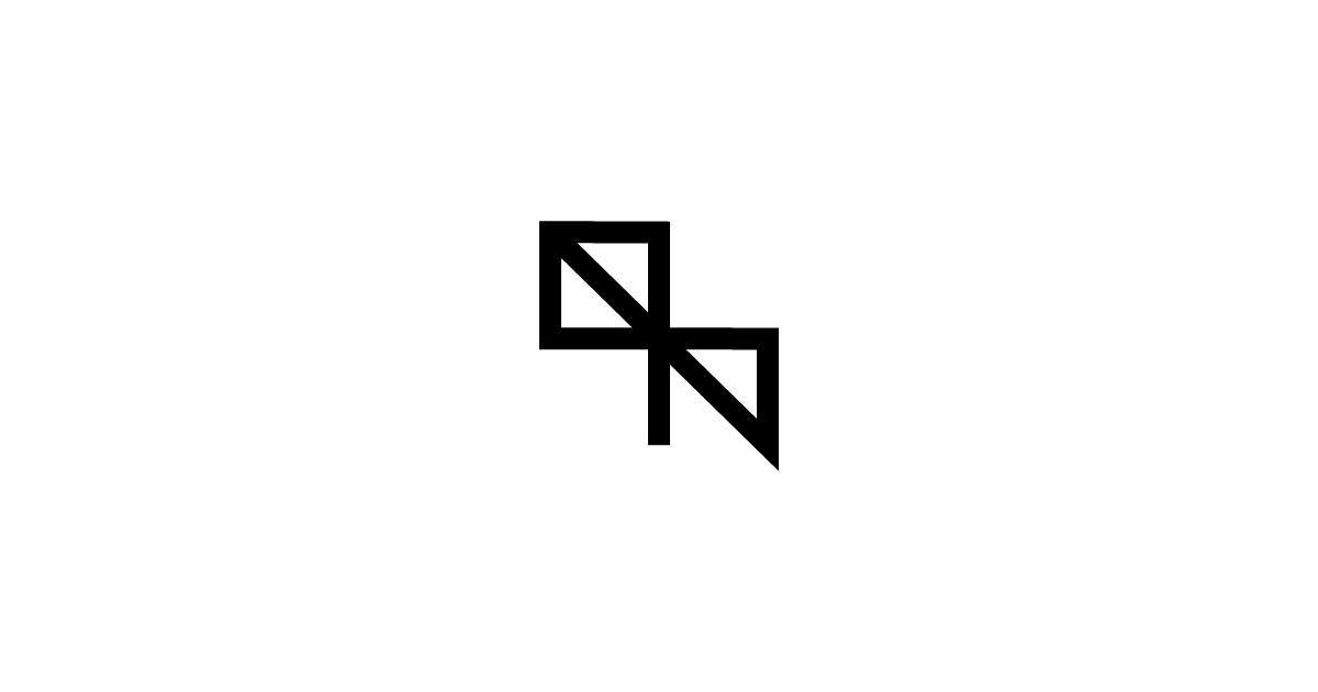 Minimal black geometric logo: two offset diamond frames with diagonal cutouts joined by a short vertical stem, centered on a white background—randomblink brand mark.