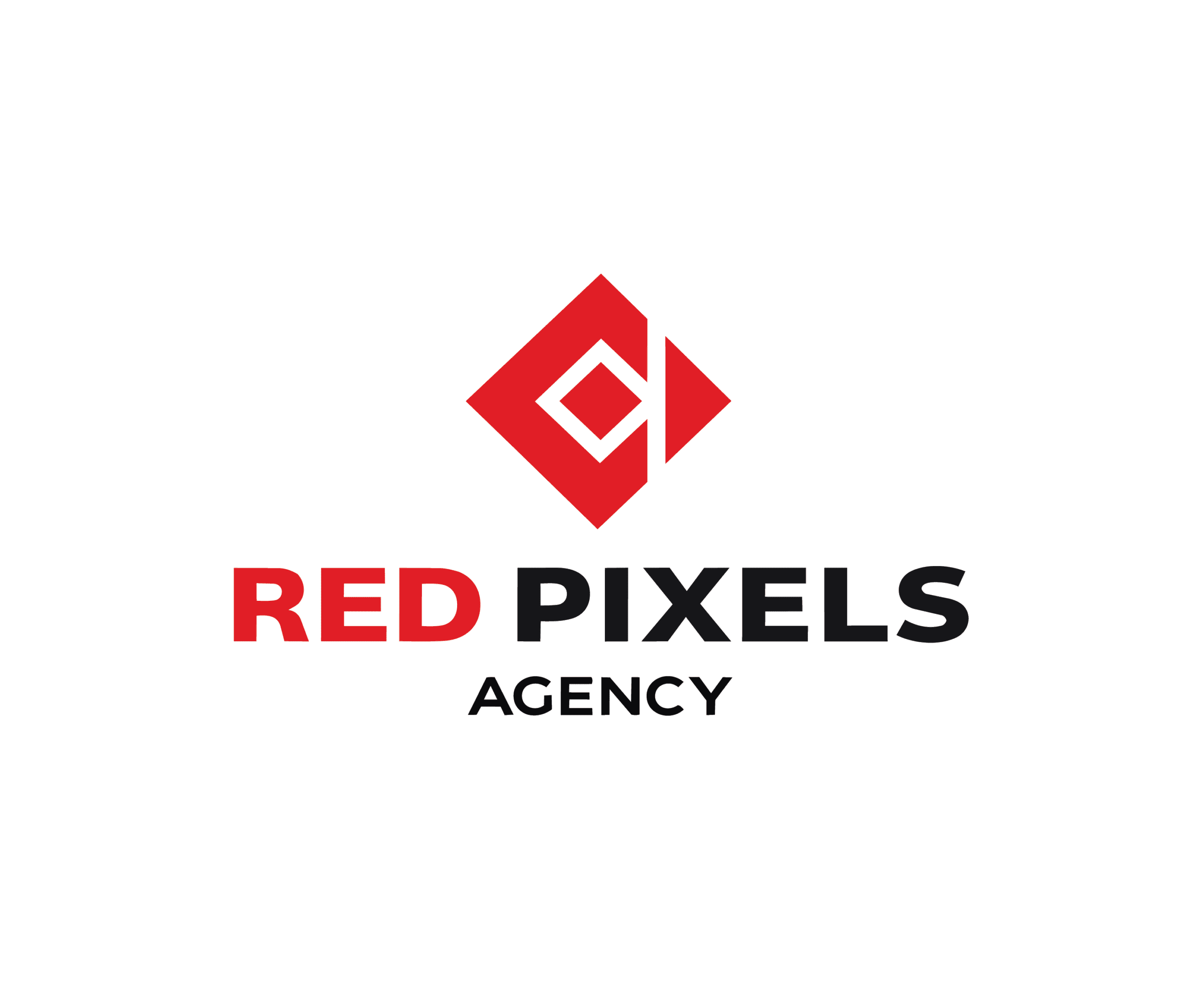 Red Pixels Agency logo with geometric red symbol and bold modern typography on black background