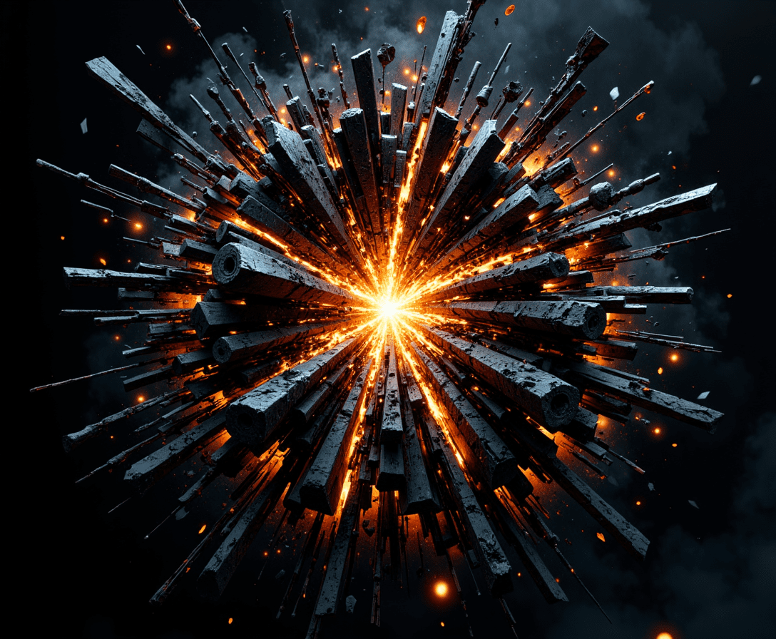 Explosive structural rupture with glowing core and fragmented beams radiating outward