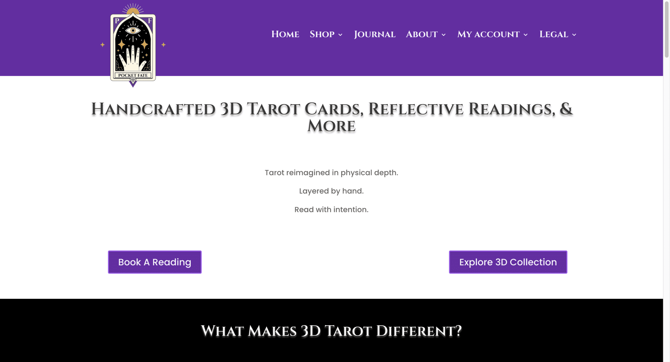 Pocket Fate homepage featuring handcrafted 3D tarot cards and reflective readings