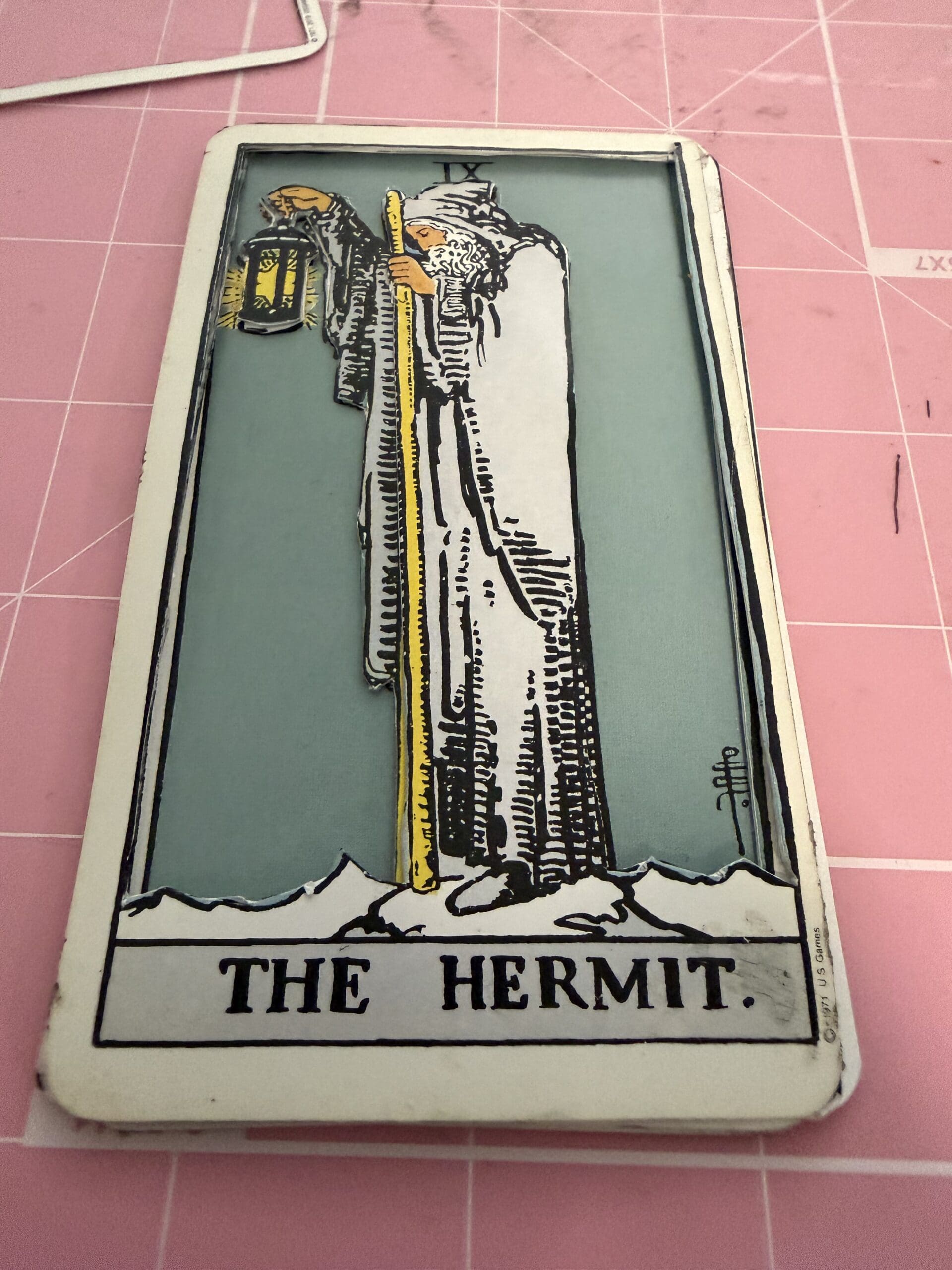 The Hermit tarot card fully assembled with 3D layered handcrafted design