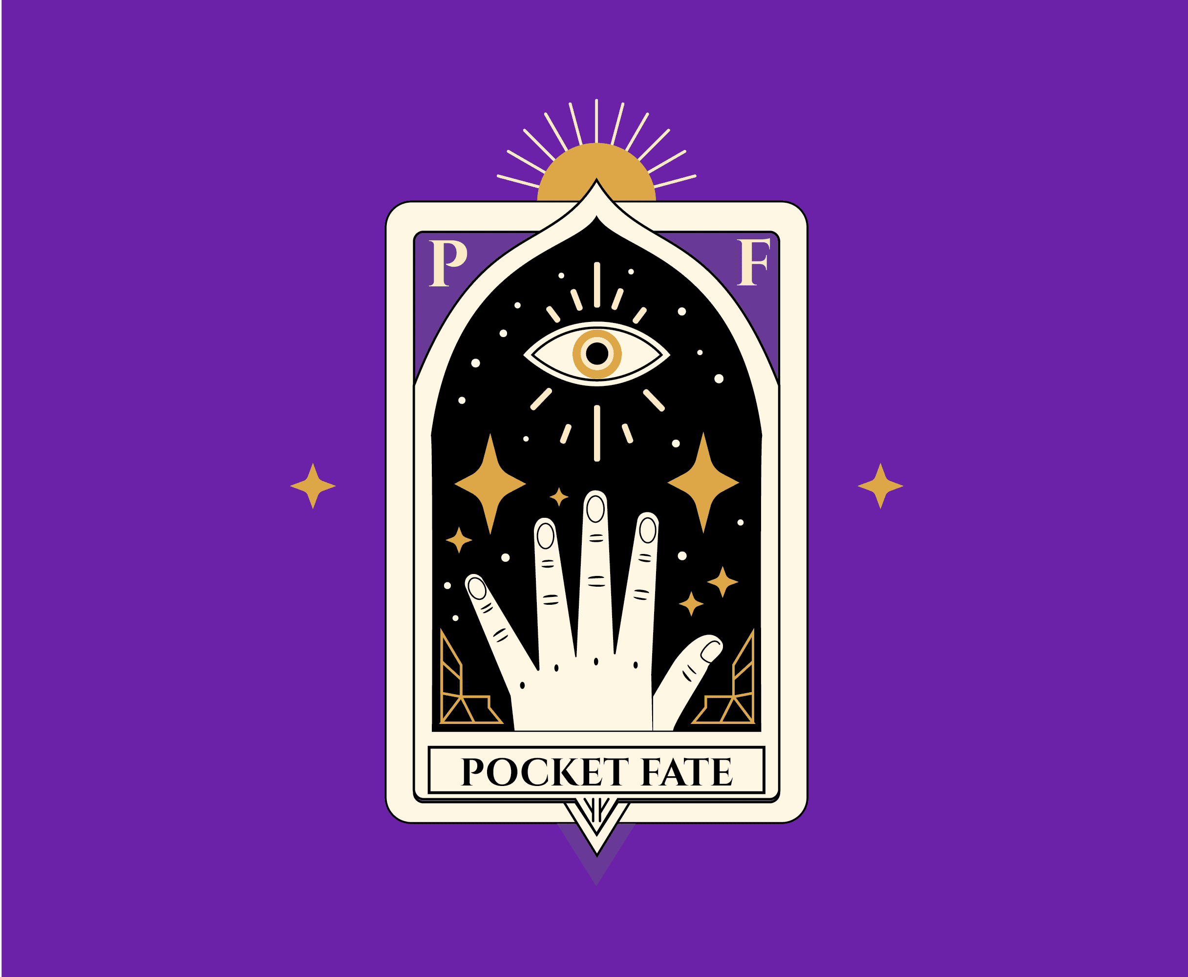Pocket Fate tarot logo featuring mystical hand, all-seeing eye, and sunburst on purple background