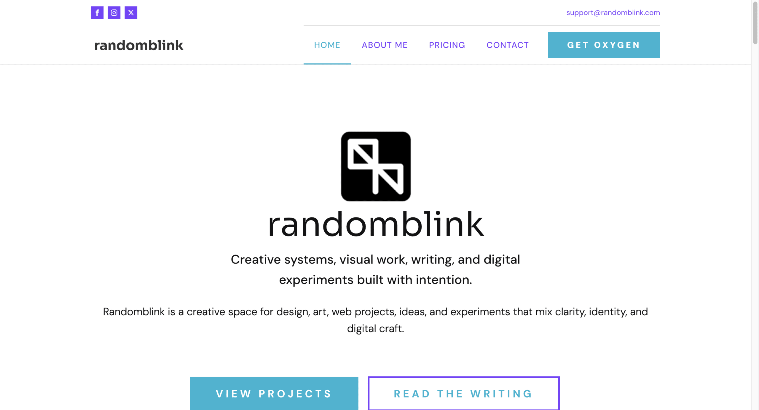 Randomblink homepage showing creative systems, design work, writing, and digital projects