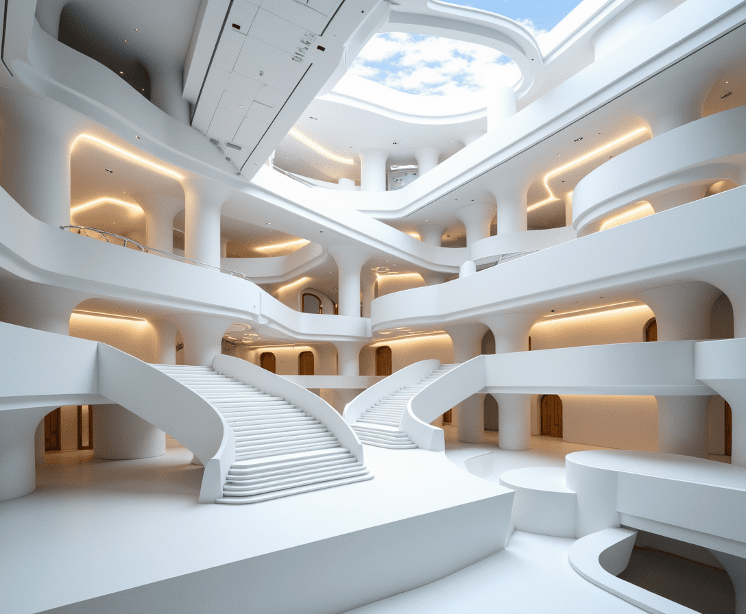 Modular white architectural interior with curved staircases, layered walkways, and warm ambient lighting